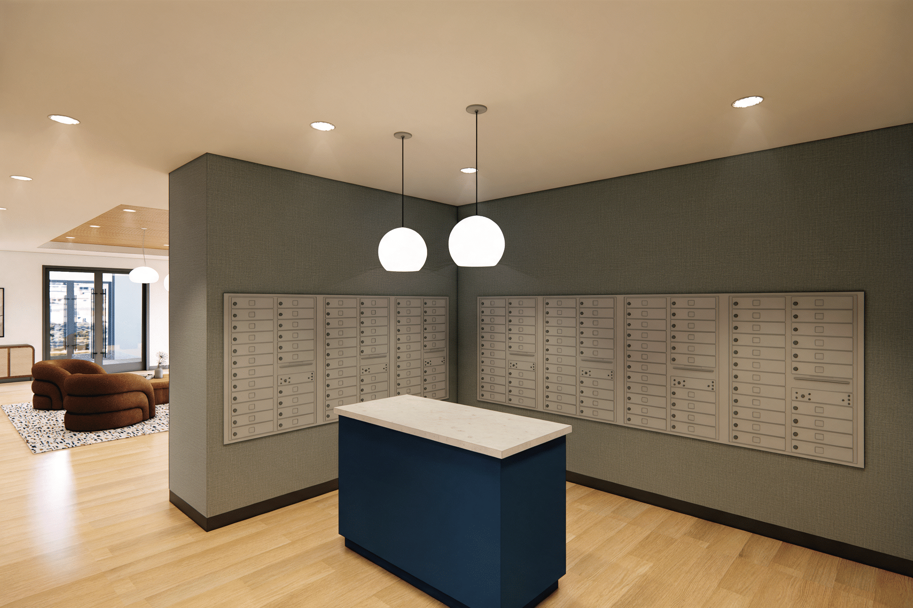 A dedicated mail and package area with refrigerated storage keeps deliveries organized and grocery orders fresh until you’re ready to pick them up.